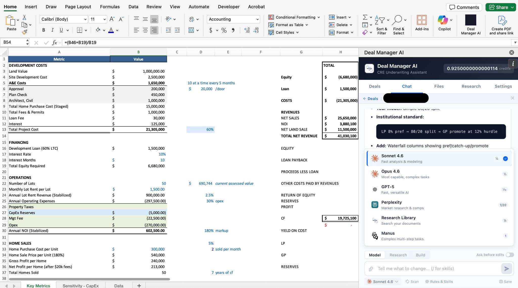 Excel underwriting model with Deal Manager AI add-in