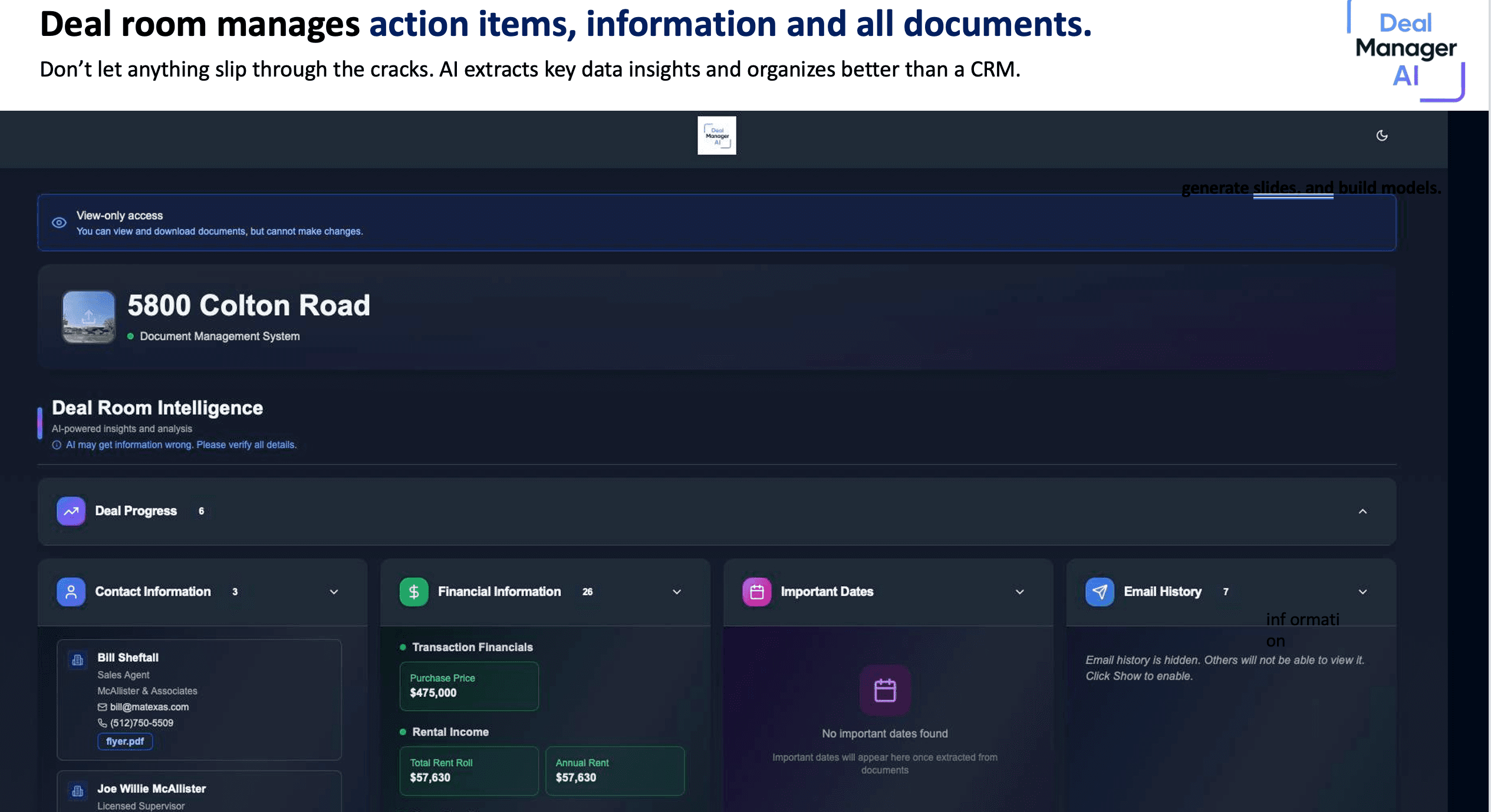 Deal room with documents, pipeline and an AI assistant