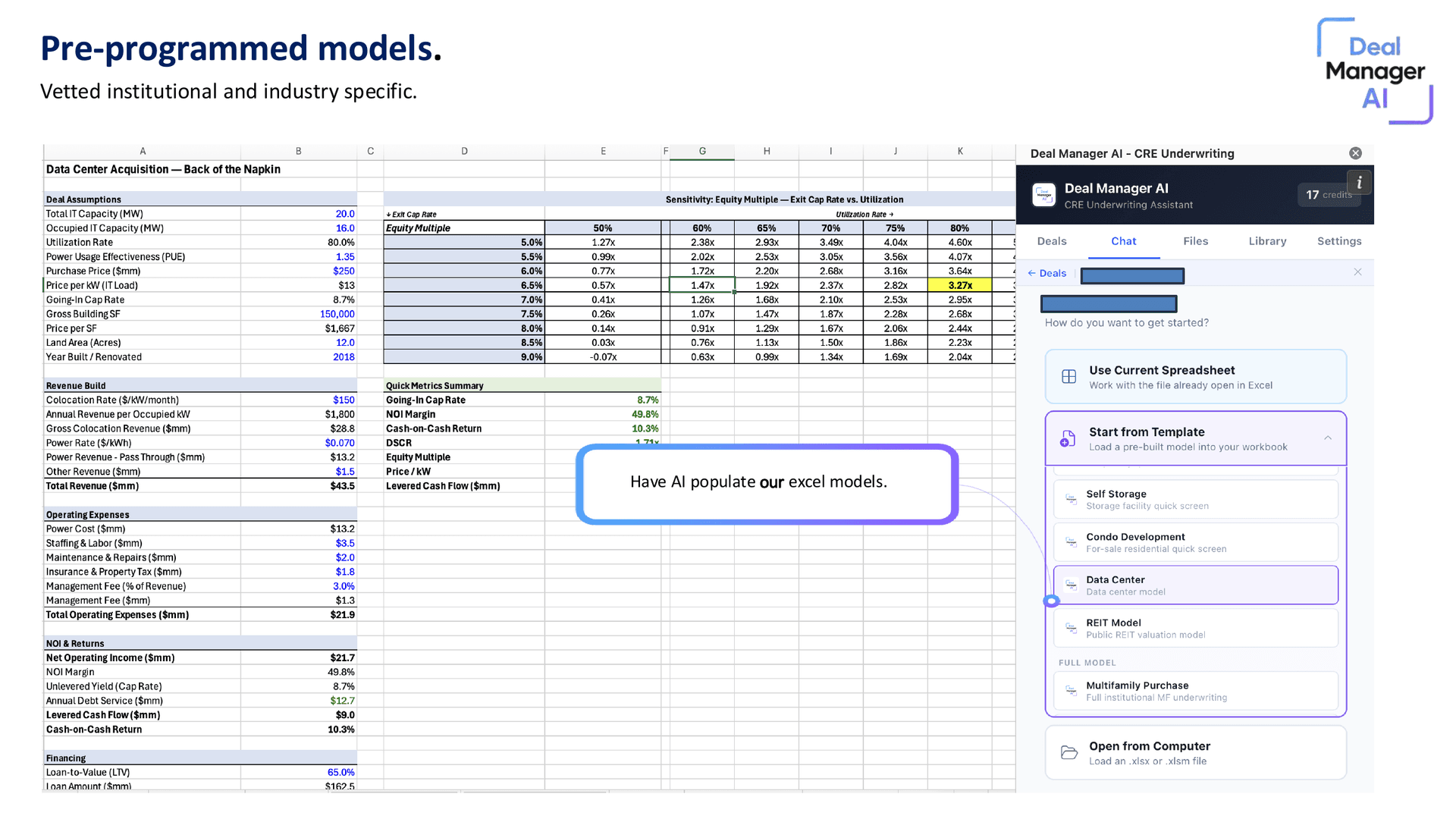 Pre-programmed institutional CRE models: Self Storage, Condo Development, Data Center, REIT Model, Multifamily Purchase
